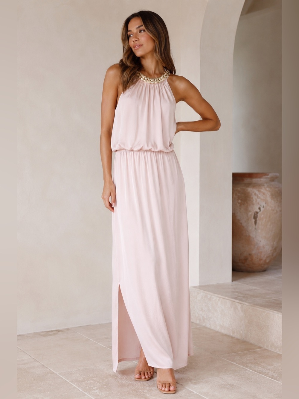 Petal pink midi dress draped bodice and gold link halter neck new with tags